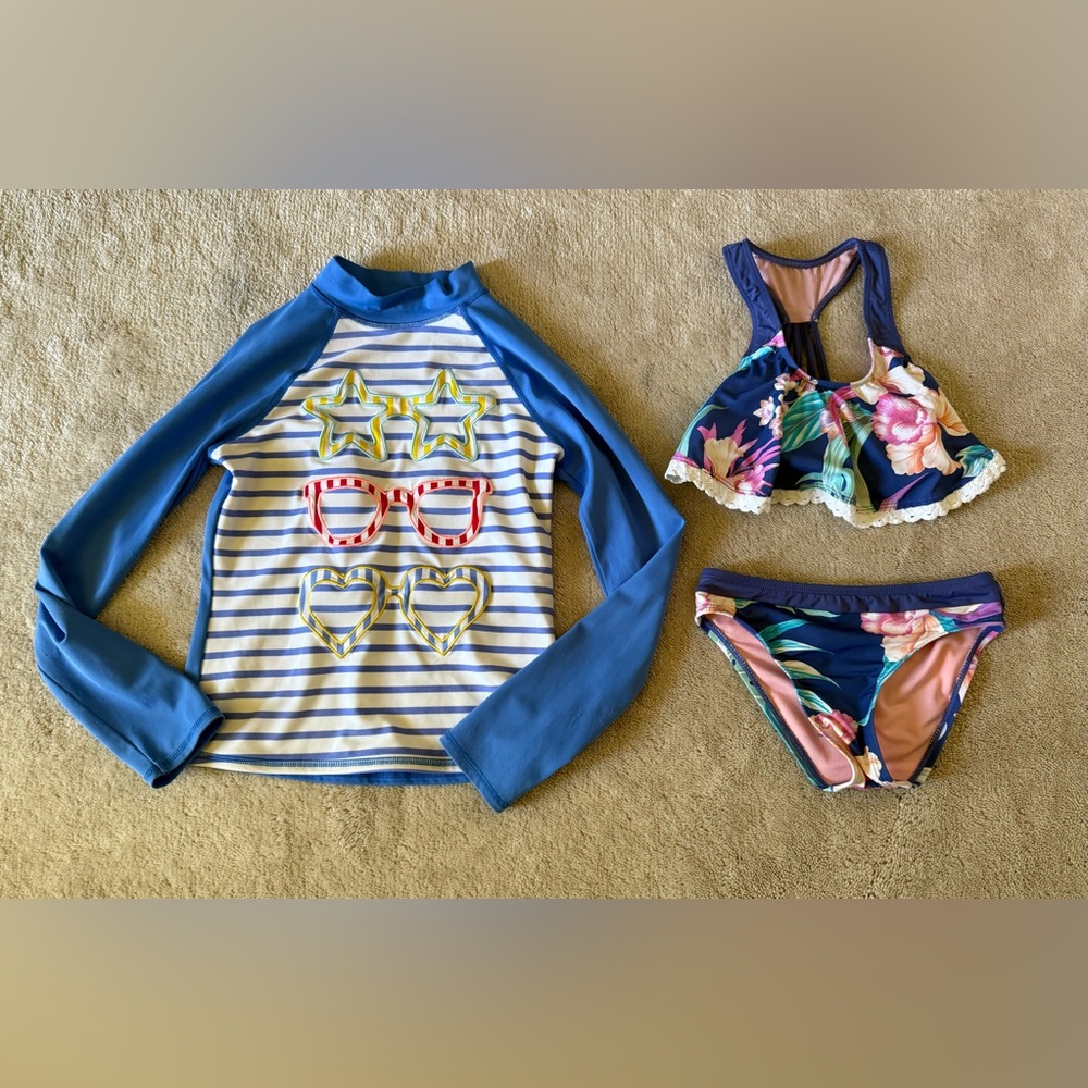 Hobie Floral Girls Swimwear & Lands’ End Cover Up - Size 7/8 Girls